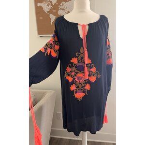 Ananda’s Collection Dress Large Boho Peasant Embroidered Dress Blue neon orange